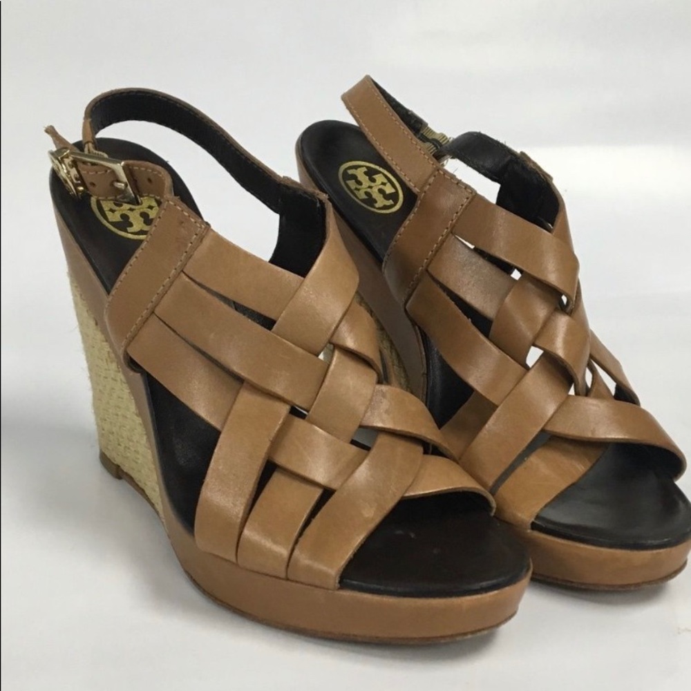 Tory Burch brown leather strap wedge sandals